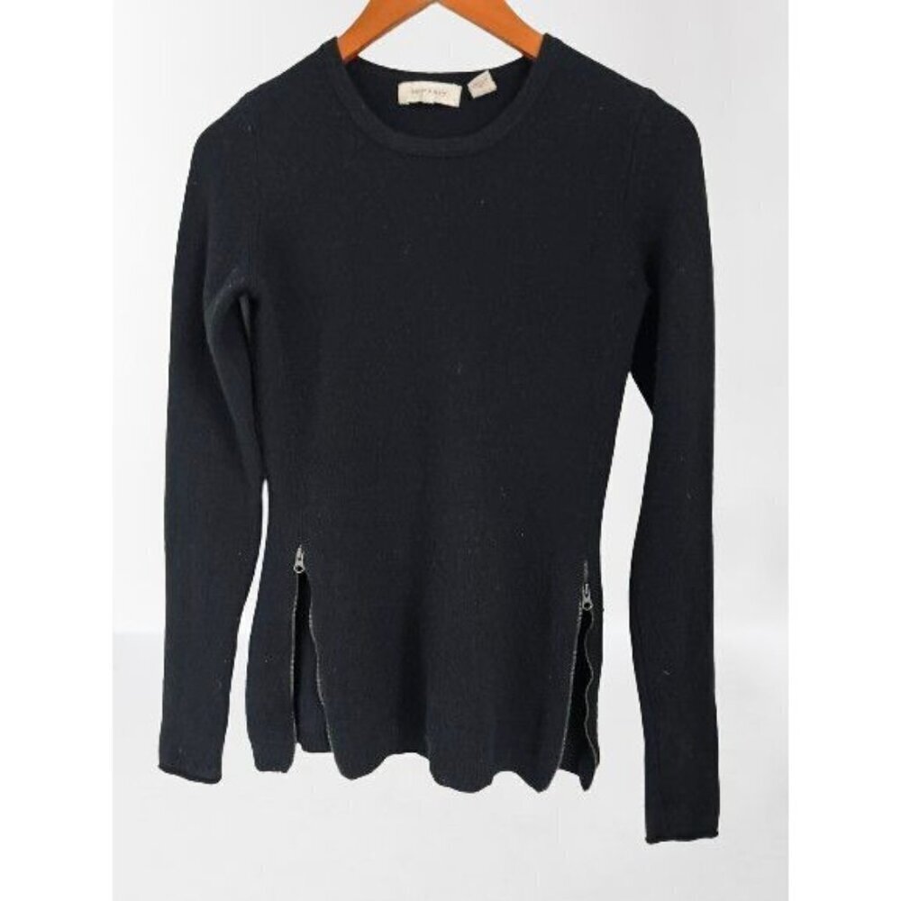 INHABIT 100% Cashmere Crewneck Sweater Zippers Black Pullover Size Small